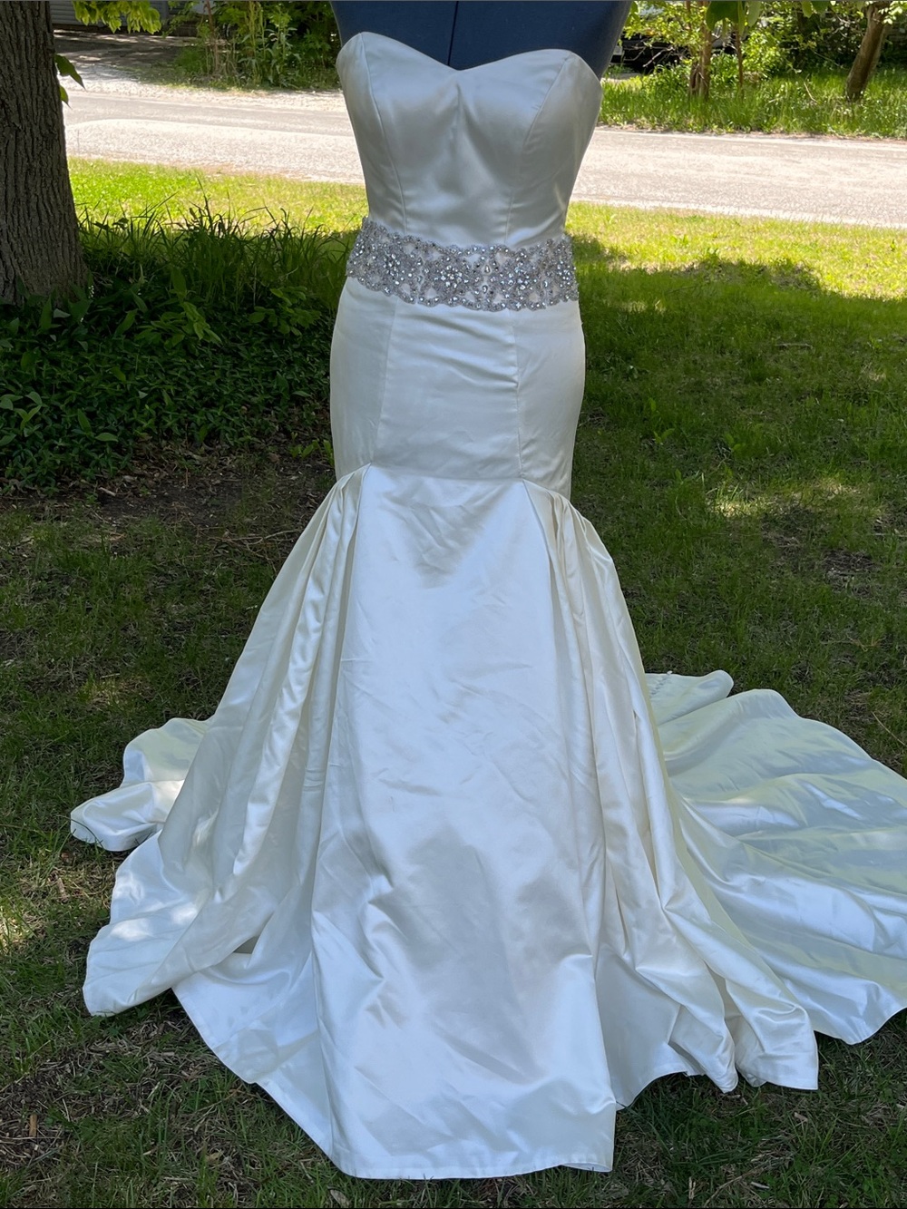 Used Essenes  Strapless Ivory Mermaid Wedding Dress with rhinestone belt.
